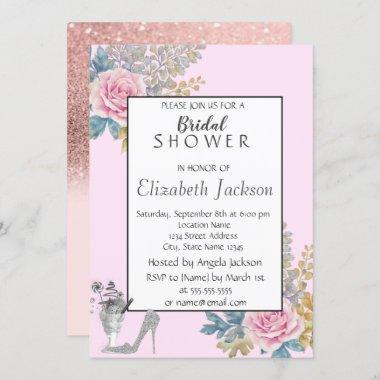 Watercolor Flower,Glitter High Heels Bridal Shower Invitations