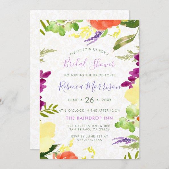 Watercolor Flowers & Beige Damask Bridal Shower Invitations