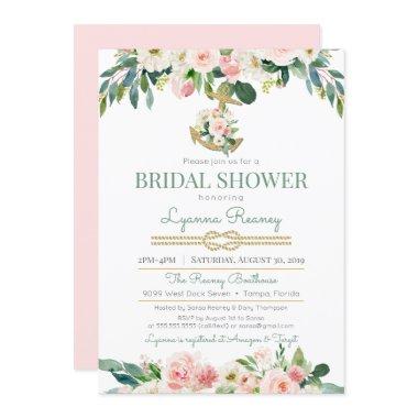 Watercolor Flowers Blush Nautical Bridal Shower Invitations