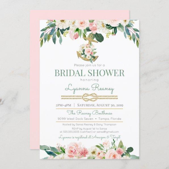 Watercolor Flowers Blush Nautical Bridal Shower Invitations