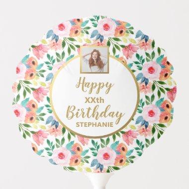 Watercolor Flowers, Custom Photo, Happy Birthday Balloon