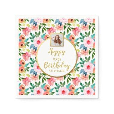 Watercolor Flowers, Custom Photo Text, Birthday Napkins