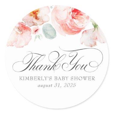 Watercolor Flowers Elegant Soft Pink Thank You Classic Round Sticker