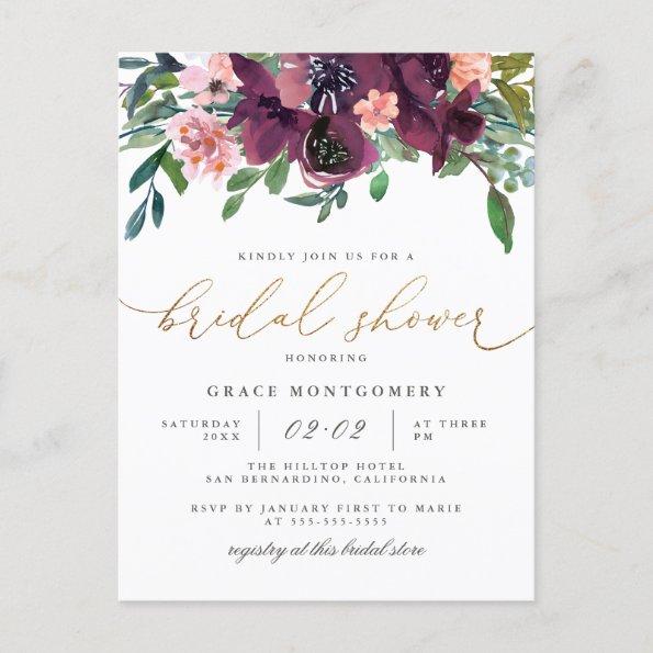 Watercolor Flowers & Gold Glitter Bridal Shower Invitation PostInvitations