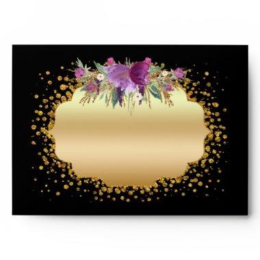 Watercolor Flowers Gold Glitter Confetti Black Envelope