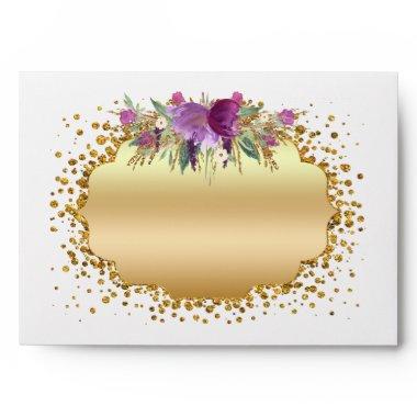 Watercolor Flowers Gold Glitter Confetti White Envelope