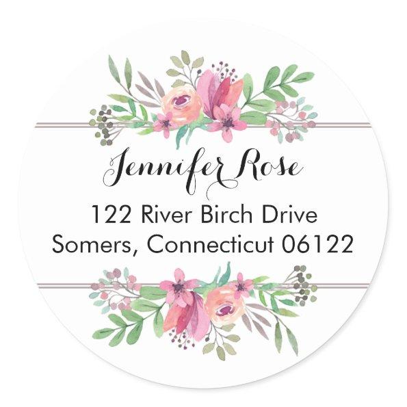 Watercolor Flowers in Pink, Circle Address Sticker