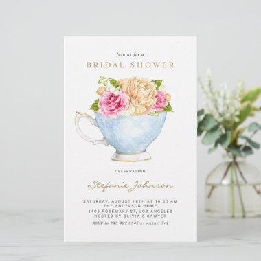 Watercolor Flowers in Teacup Bridal Shower Invite
