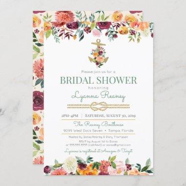 Watercolor Flowers Nautical Bridal Shower Invitations
