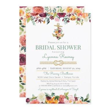 Watercolor Flowers Nautical Bridal Shower Invitations