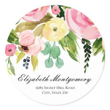 Watercolor Flowers Return Address Classic Round Classic Round Sticker