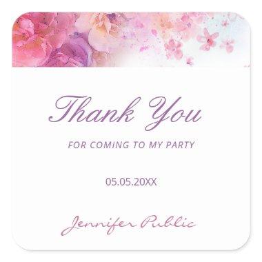 Watercolor Flowers Roses Hand Script Thank You Square Sticker