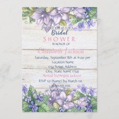 Watercolor Flowers, Wood Texture Bridal Shower Invitations
