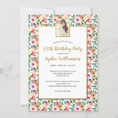 Watercolor Flowers, Your Photo, Birthday Party Invitations