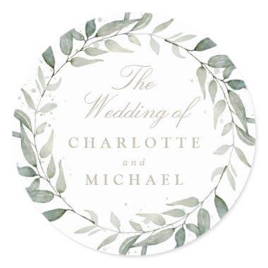 Watercolor foliage sage leaves wreath classic round sticker