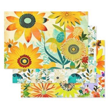 Watercolor Folk Art Flowers Birthday Wrapping Paper Sheets