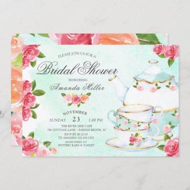 Watercolor Foral Tea Bridal Shower Invitations