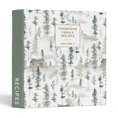 Watercolor Forest Cabin Green Personalized Recipe 3 Ring Binder