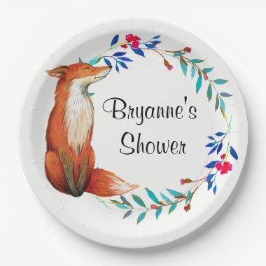 Watercolor Fox & Wreath Bridal Shower Paper Plates