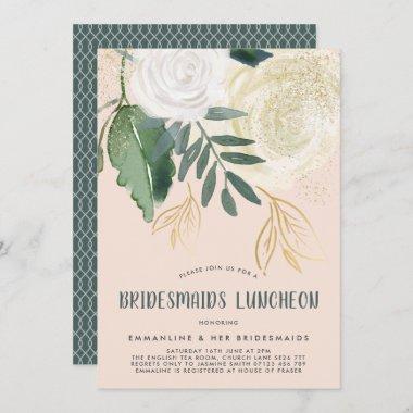 Watercolor & Glitter Roses Bridesmaids Luncheon Invitations