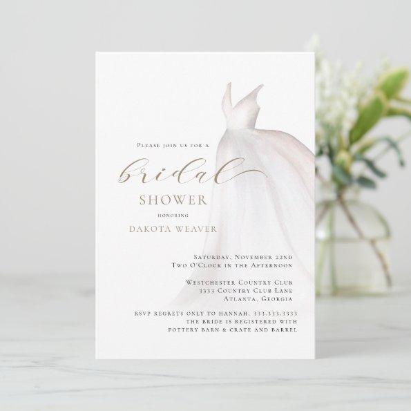 Watercolor Gold White Wedding Dress Bridal Shower Invitations