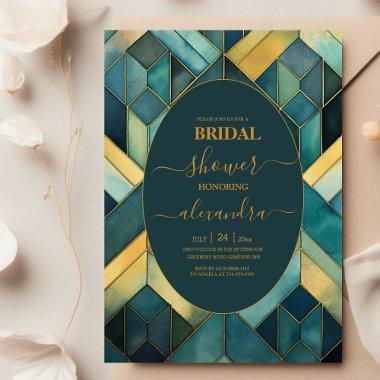 Watercolor Green and Gold Art Deco Bridal Shower Invitations