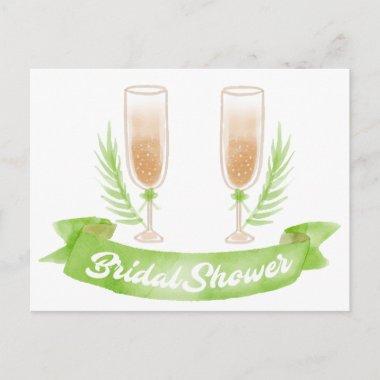 Watercolor Green Bridal Shower Champagne Glasses Invitation PostInvitations
