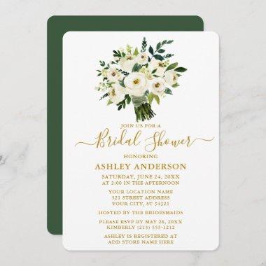 Watercolor Green Floral Bridal Shower Gold Invitations