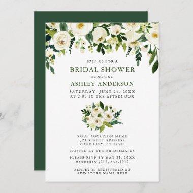 Watercolor Green Floral Elegant Bridal Shower Invitations