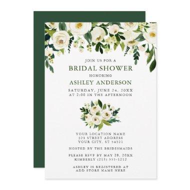 Watercolor Green Floral Elegant Bridal Shower Invitations