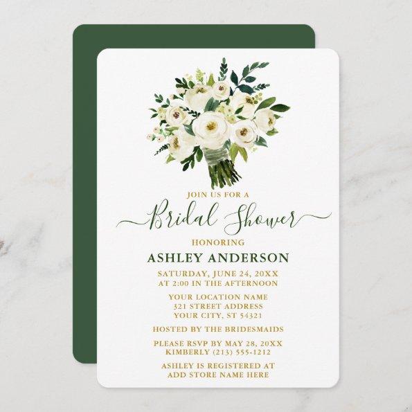 Watercolor Green Floral Gold Bridal Shower Invitations