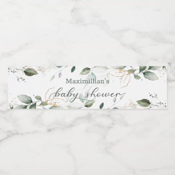 Watercolor green & gold leaves Baby Shower Water Bottle Label