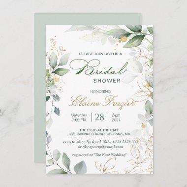 Watercolor green & gold leaves Bridal Shower Invitations