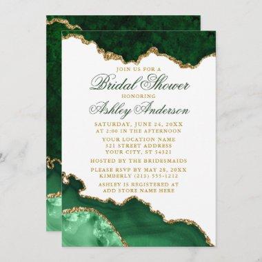 Watercolor Green Gold Marble Geode Bridal Shower Invitations
