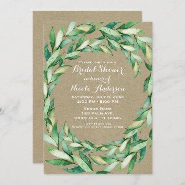 Watercolor Green Leaves Rustic Kraft Bridal Shower Invitations