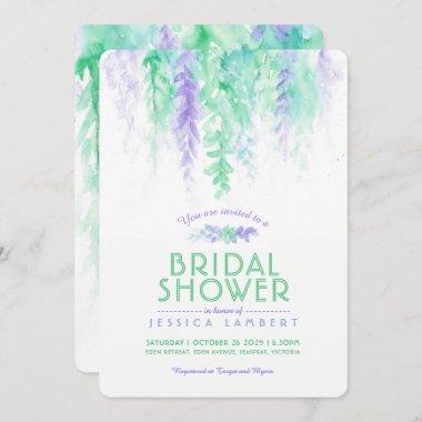 Watercolor green purple bridal shower invitations