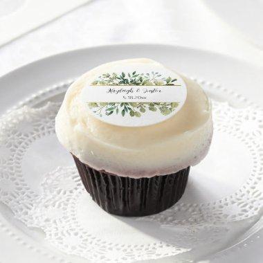Watercolor Greenery and Gold Botanical Wedding Edible Frosting Rounds