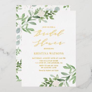 Watercolor Greenery and White Floral  Foil