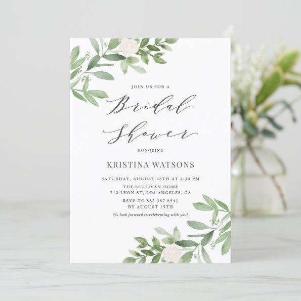 Watercolor Greenery and White Floral Bridal Shower Invitations
