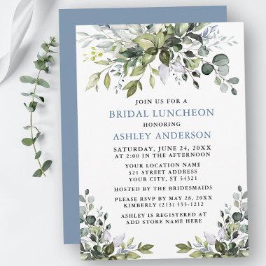Watercolor Greenery Bridal Luncheon Dusty Blue Invitations