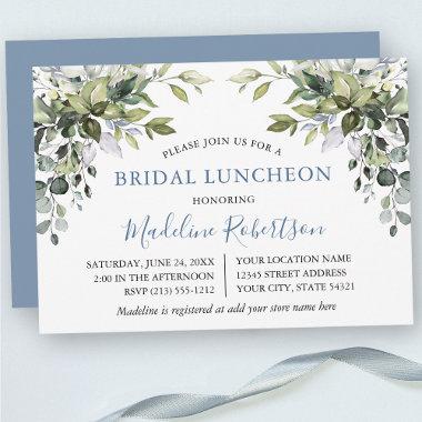 Watercolor Greenery Bridal Luncheon Dusty Blue Invitations