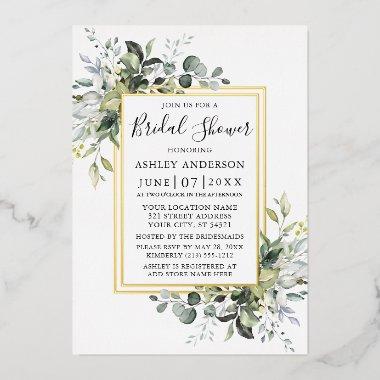 Watercolor Greenery Bridal Shower 2 Frame Gold Foil Invitations