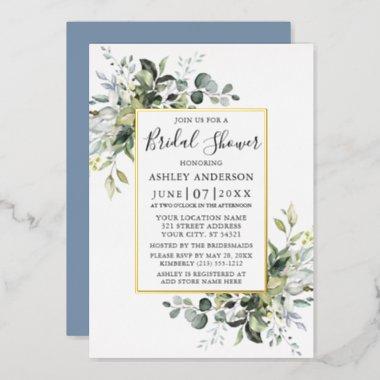 Watercolor Greenery Bridal Shower Dusty Blue Gold Foil Invitations