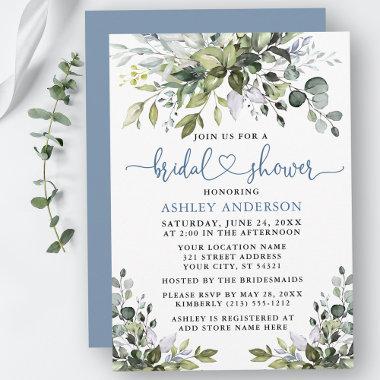 Watercolor Greenery Bridal Shower Dusty Blue Heart Invitations