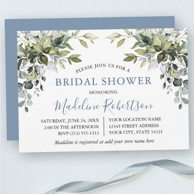 Watercolor Greenery Bridal Shower Dusty Blue Invitations