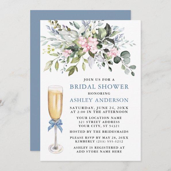Watercolor Greenery Bridal Shower Pink Dusty Blue Invitations