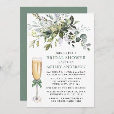 Watercolor Greenery Bridal Shower Sage Green Bow Invitations