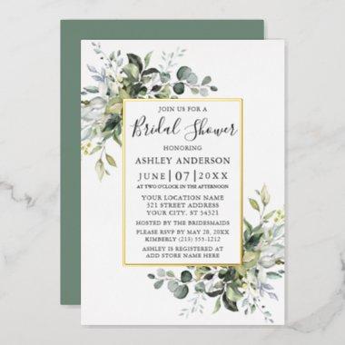Watercolor Greenery Bridal Shower Sage Green Gold Foil Invitations