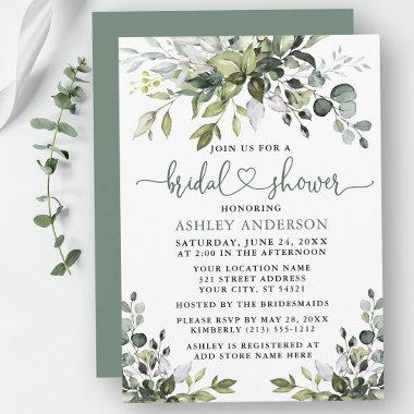 Watercolor Greenery Bridal Shower Sage Green Heart Invitations