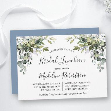 Watercolor Greenery Calligraphy Blue Bridal Lunch Invitations